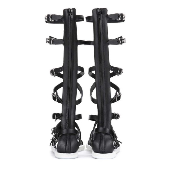 NEW BALENCIAGA BLACK LEATHER STRAPPY GLADIATOR TALL FLAT SANDALS BOOTS 38 372880 - Picture 5 of 12